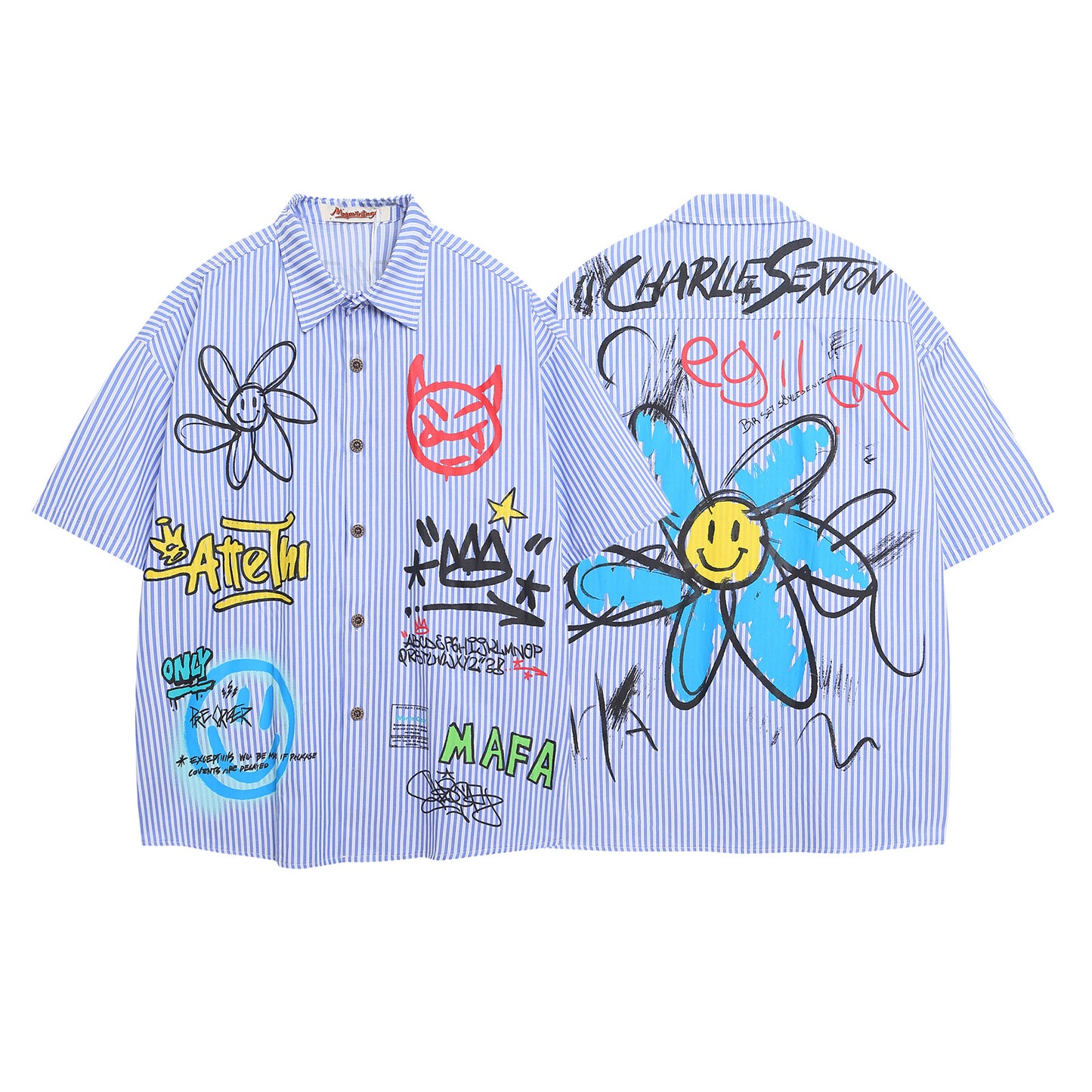 Style Striped Hand-Painted Cartoon Shirt for Men