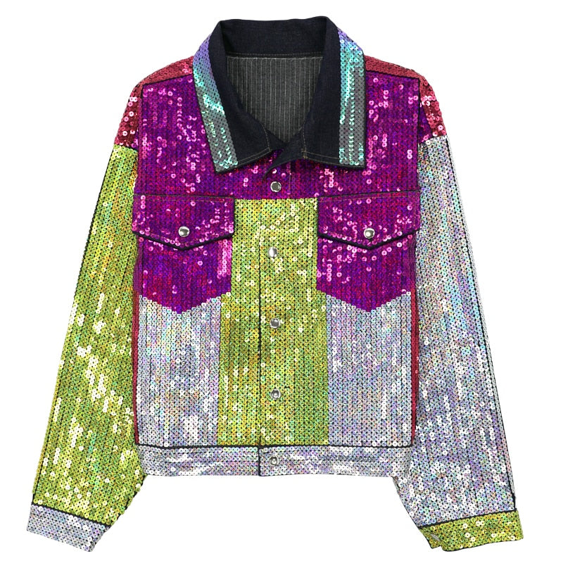 Harajuku Style Sequined Denim Jacket with Patchwork