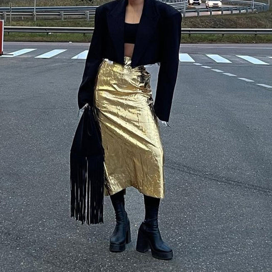 Trendy High-Waisted Pleated Skirt with Split Back