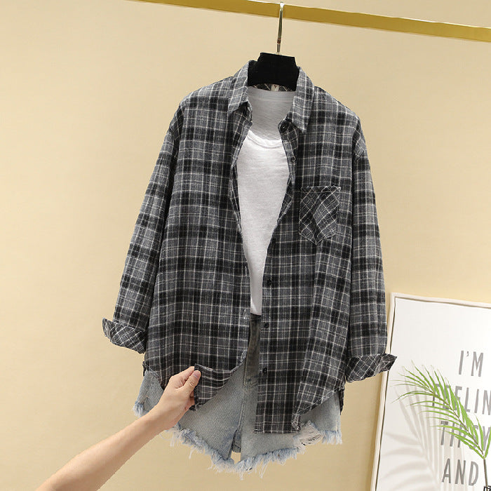 Cotton Plaid Shirt for Women - Loose Long Sleeve