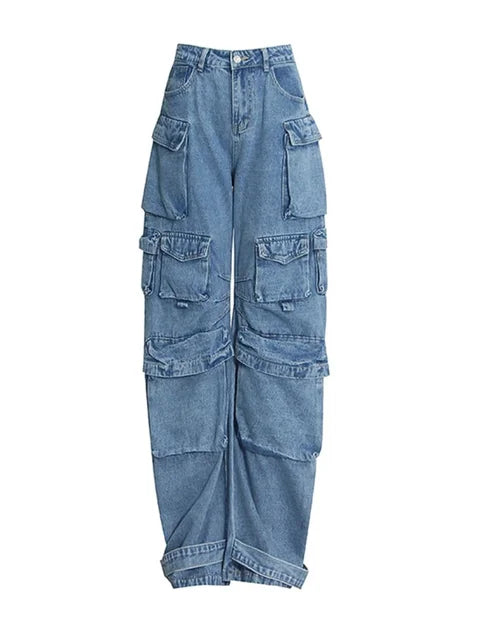 Harajuku Style Multi-Pocket Wide-Leg Jeans for Women
