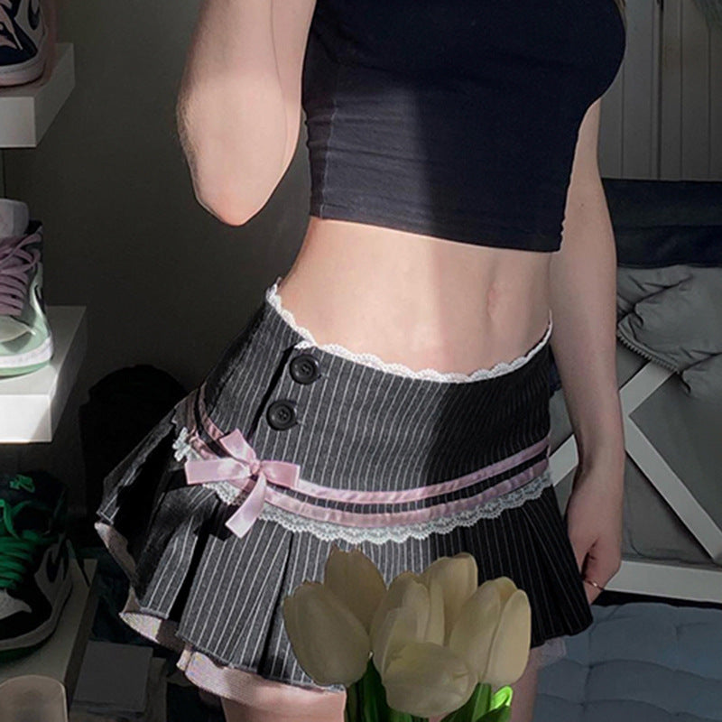 Striped Lace Bow Pleated Skirt