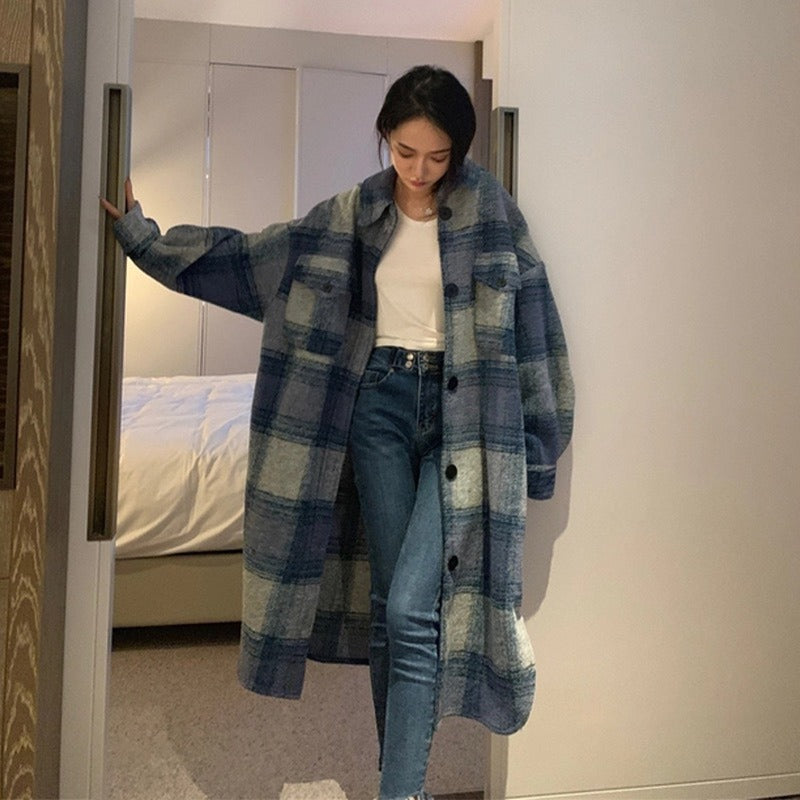 Harajuku Style Women’s Loose Long Woolen Plaid Coat