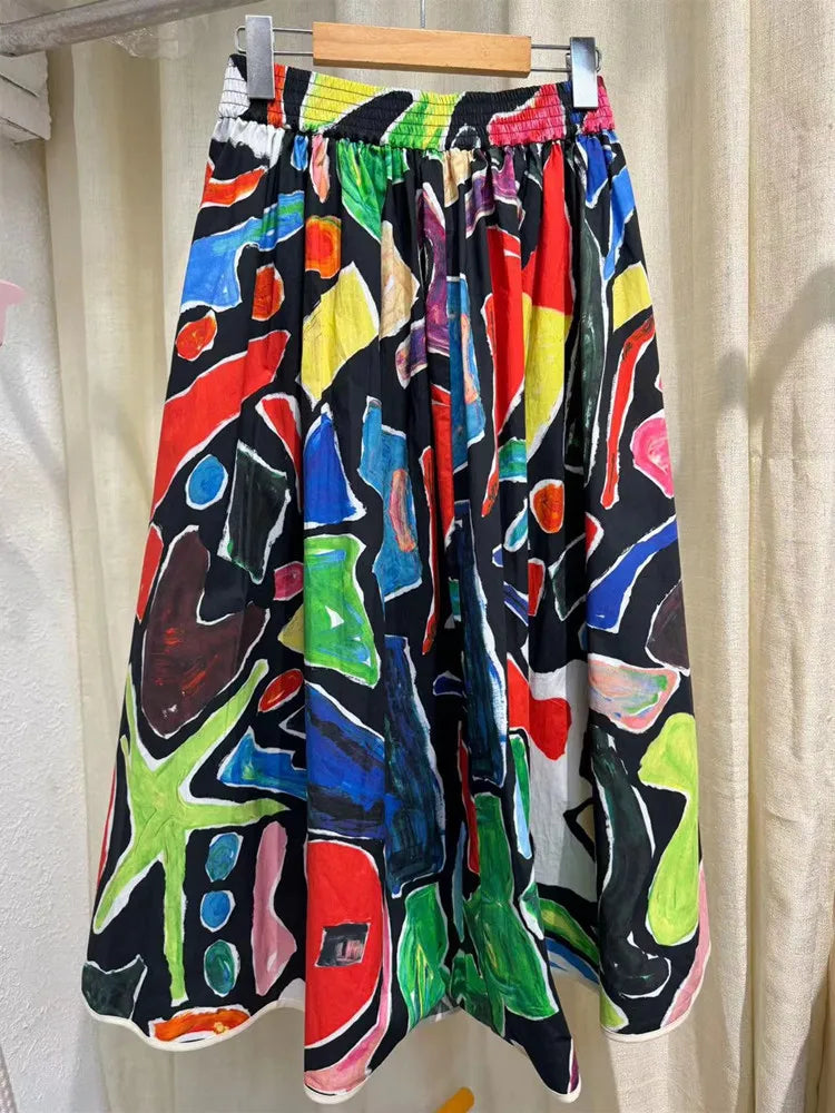 Playful Colorful Print Midi Skirt for Women