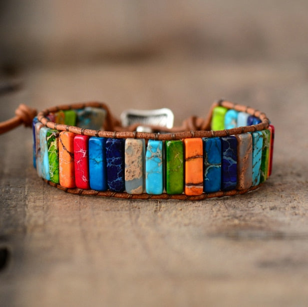 Handmade Chakra Bracelet - Multi Color Natural Stone & Leather