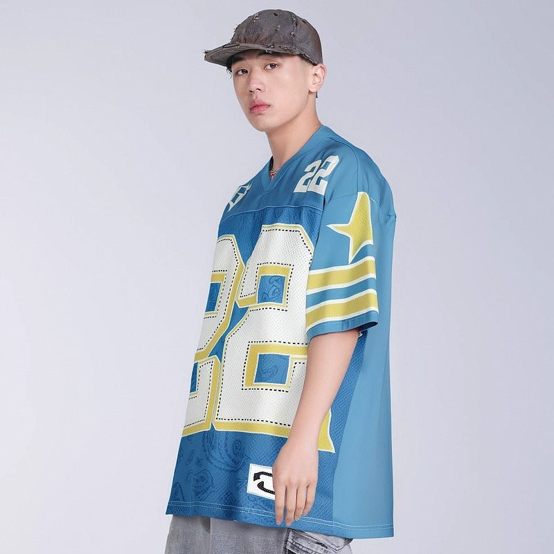 Football Street Retro V-Neck Jersey Men Loose Mesh Short Sleeve T-Shirt