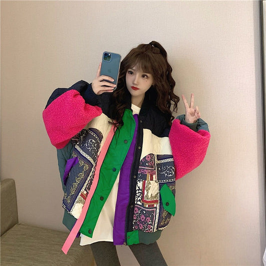 Harajuku Color Block Patchwork Baseball Jacket for Women