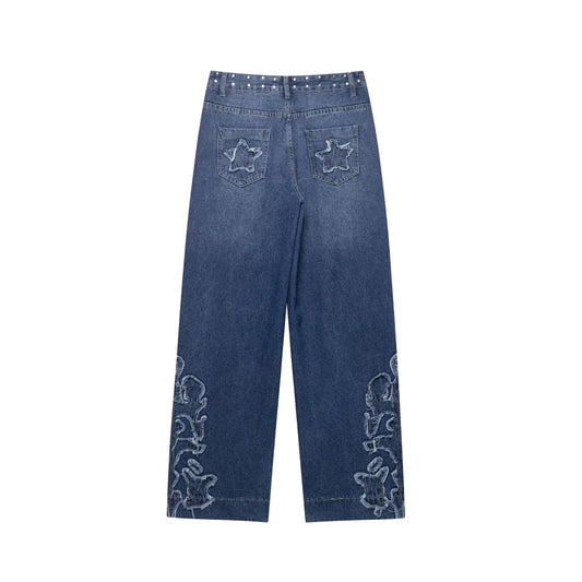 Harajuku Style Women's Studded Embroidered Straight Leg Jeans