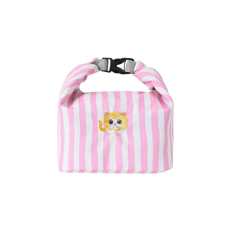 Pink Striped Strawberry Cat Insulated Lunch Bag