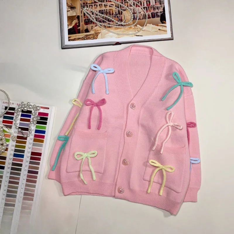 Colorful Three-Dimensional Bow Sweater Cardigan for Girls