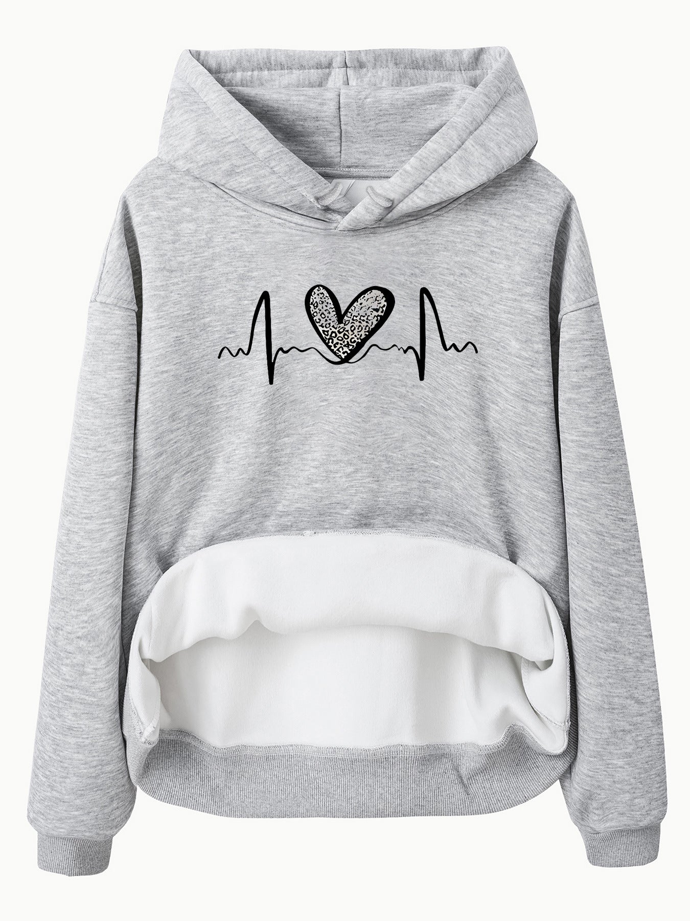 Pocket Hooded Long Sleeved Fleece Sweatshirt with Leopard Print Heart Design