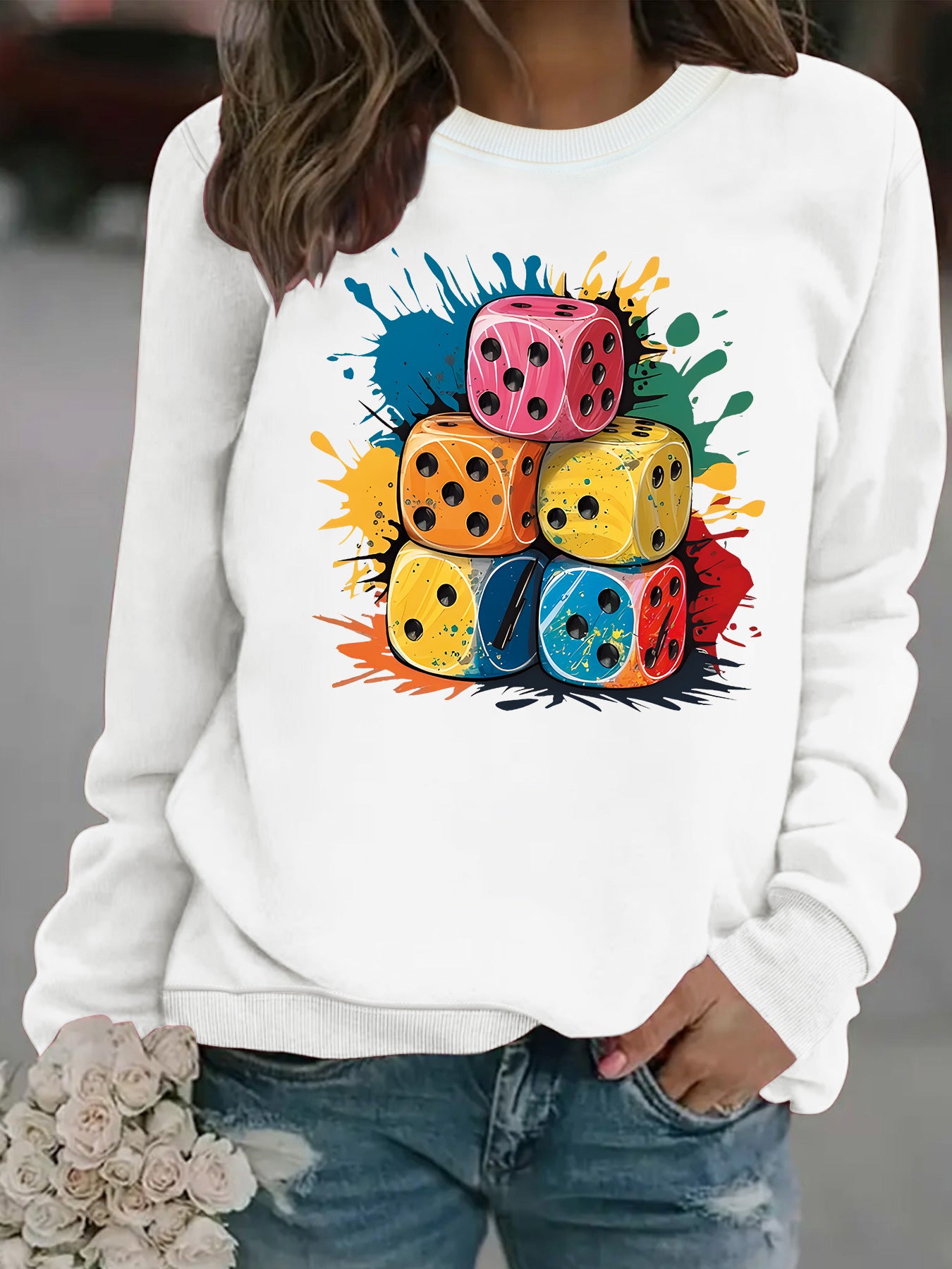 Splash Pattern Printed Stacking Block Hoodie with Round Neck