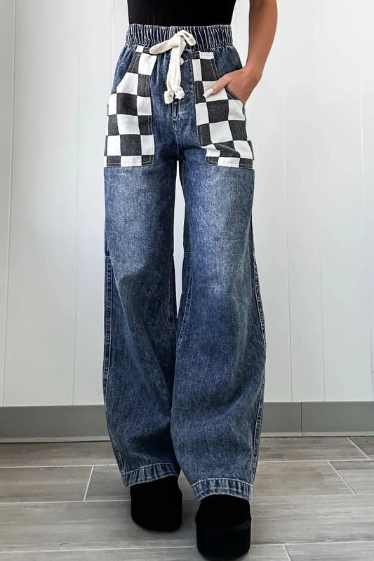 Playful Checkered Wide Leg Jeans