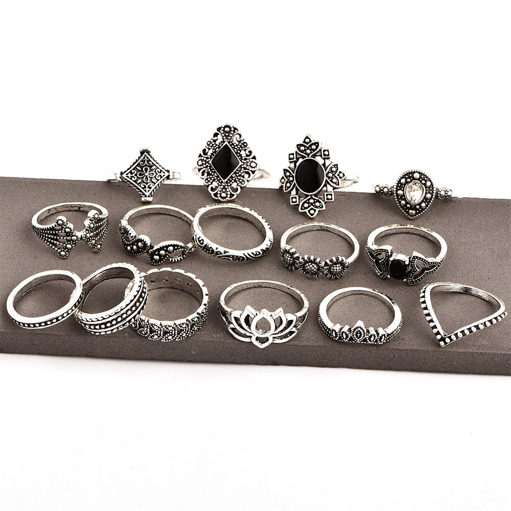 15 Pcs Bohemian Retro Crystal Flower & Leaf Silver Ring Set