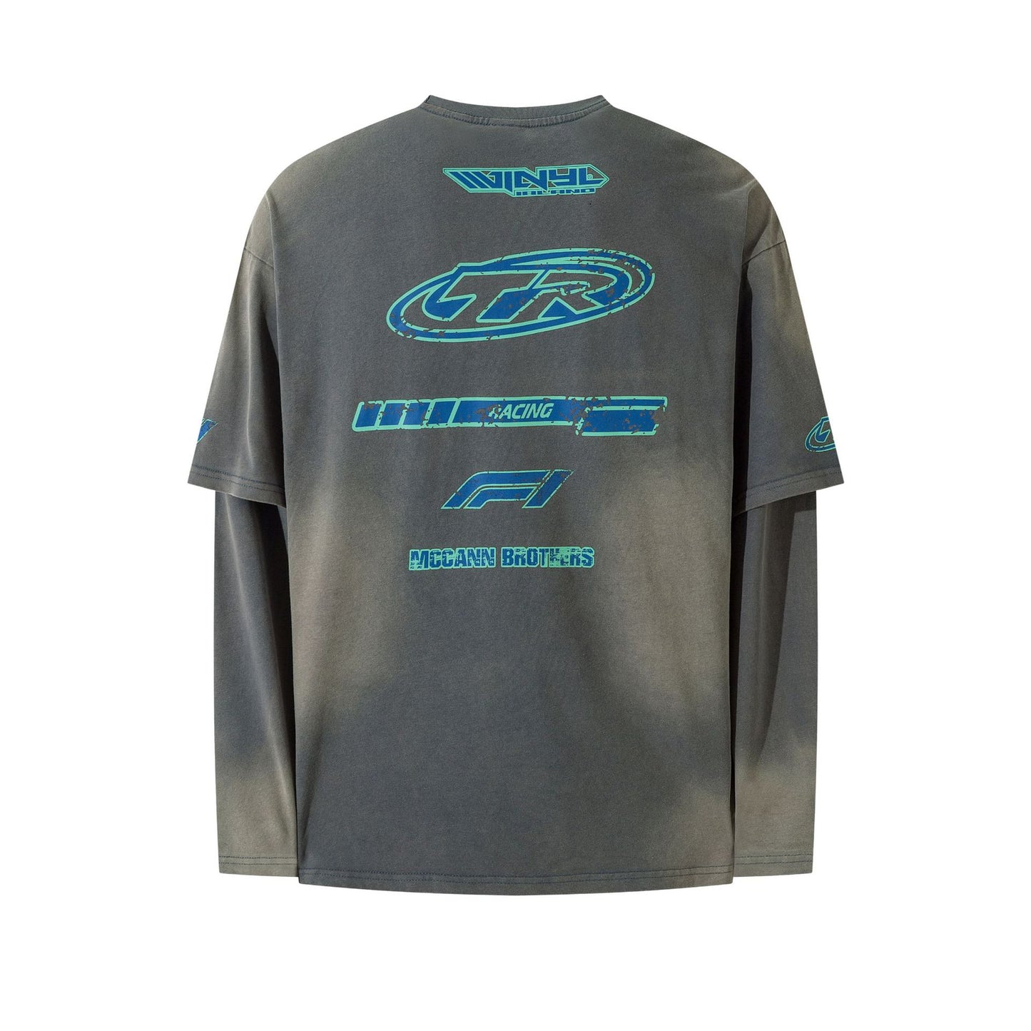 Fake Two Water Washed Spray Horse Willow Printed Long Sleeve T-shirts