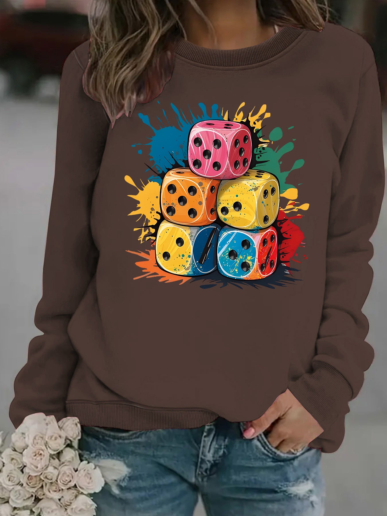 Splash Pattern Printed Stacking Block Hoodie with Round Neck