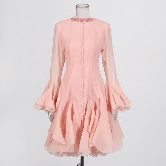 Harajuku Style Ruffled Mid-Length Dress with Trumpet Sleeves