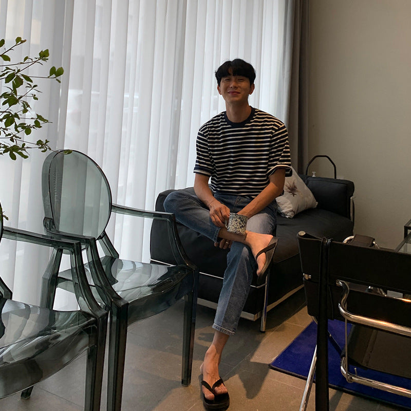Harajuku Style Black and White Striped T-shirt