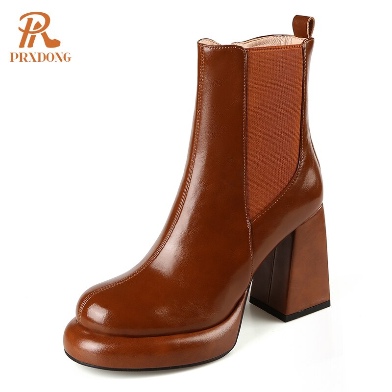 Women's Genuine Cow Leather Square Toe Black Beige Chunky High Ankle Boots