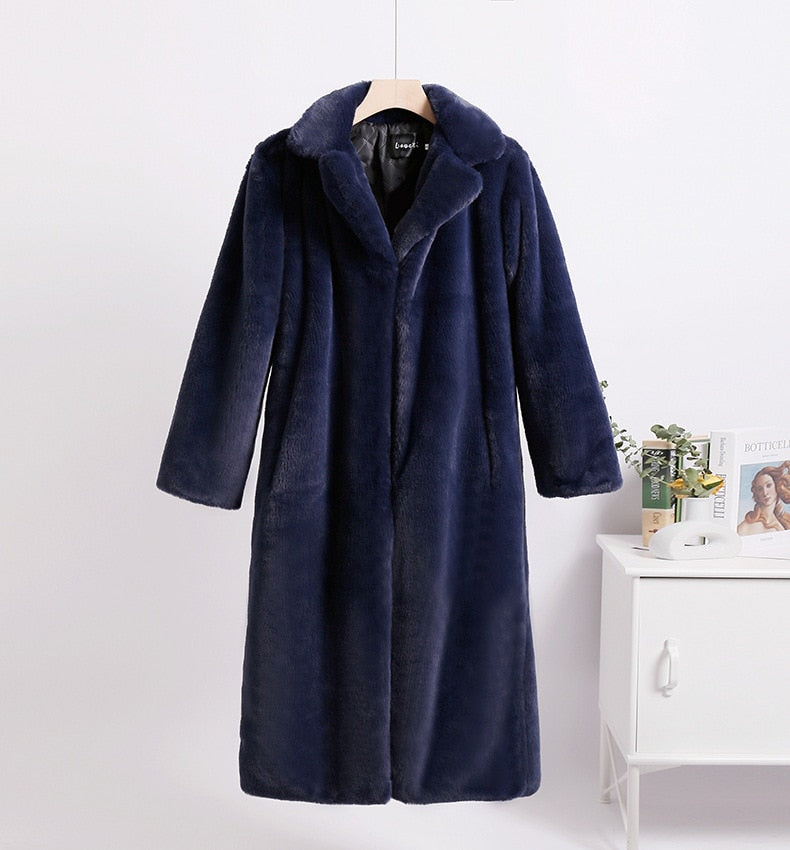 Mid-Length Mink Velvet Faux Fur Coat with Furry Collar