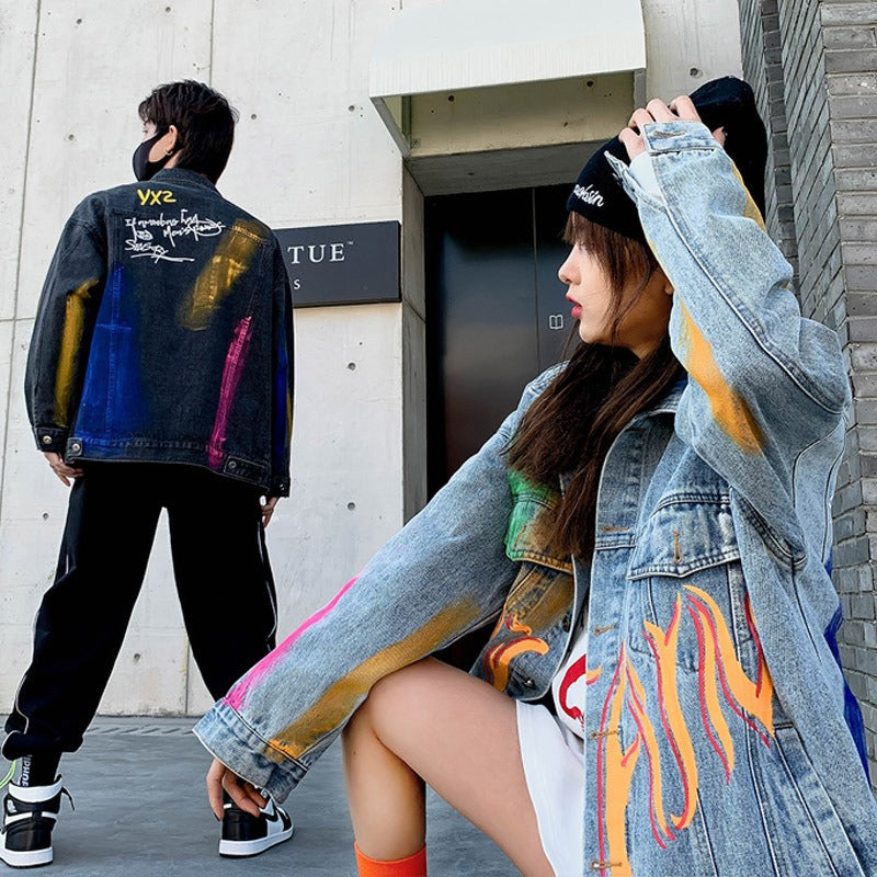 Vintage Hand Painted Graffiti Print Denim Jacket