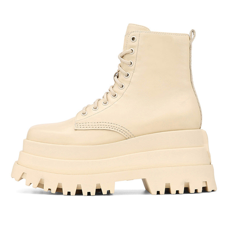 Thick Sole Muffin Cross-Lace Martin Boots with Big Round Toe, Waterproof Platform Short Boots for Women