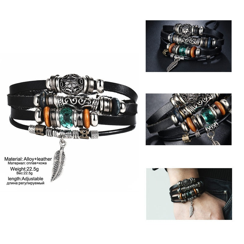 2 pcs Tibetan Stone Feather Multilayer Leather Bracelet Set