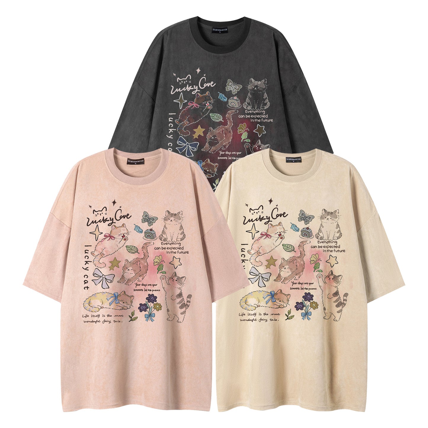 Cat Butterfly Print Short-Sleeved Shirt — Harajuku Style Loose Fit Cotton Blend Tee
