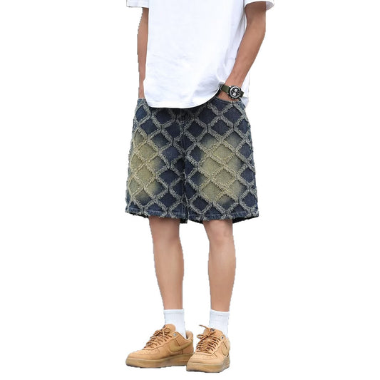 Wide Leg Washed Jacquard Loose Denim Shorts for Men