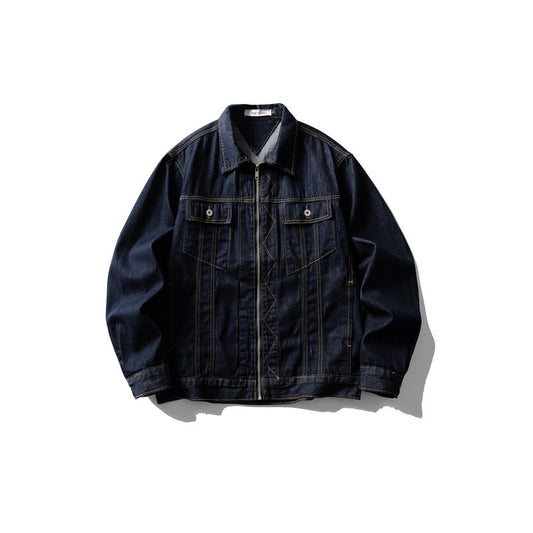 Color Block Topstitching Denim Work Jacket for Men