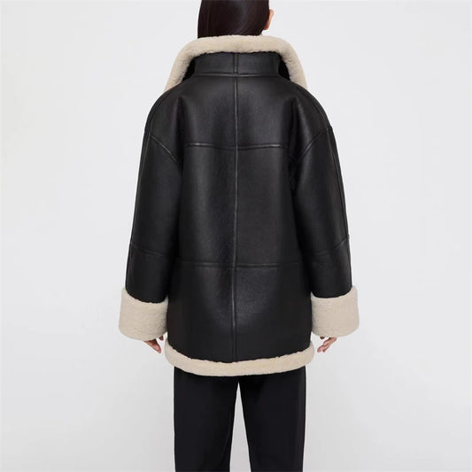 Playful Cashmere Collar Leather Jacket for Women