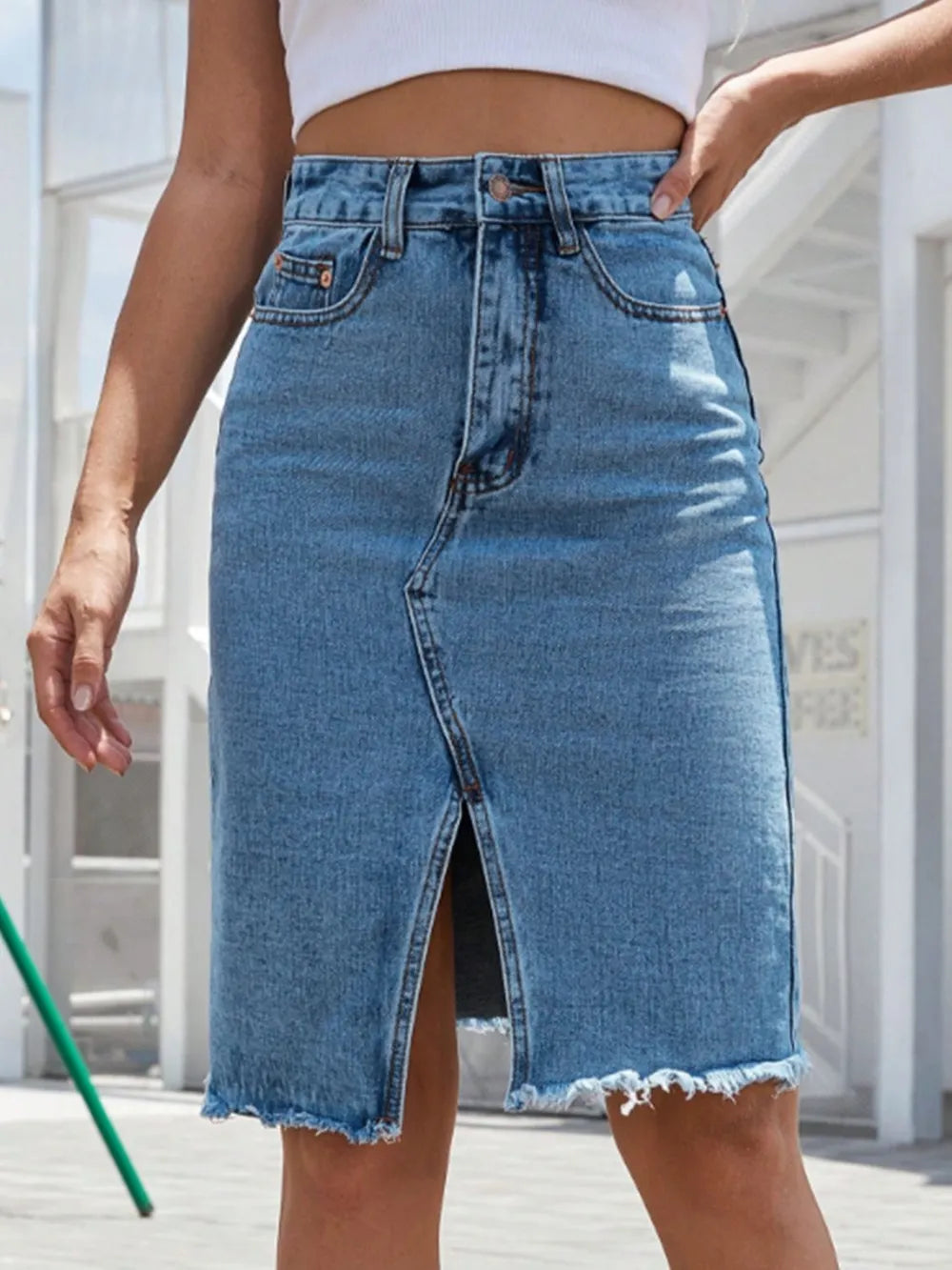 Trendy Raw Hem Slit Denim Skirt - Harajuku Style