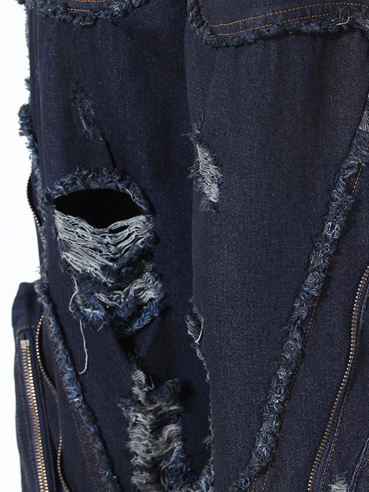 Playful High Waist Navy Blue Wide Leg Jeans with Zipper Pockets