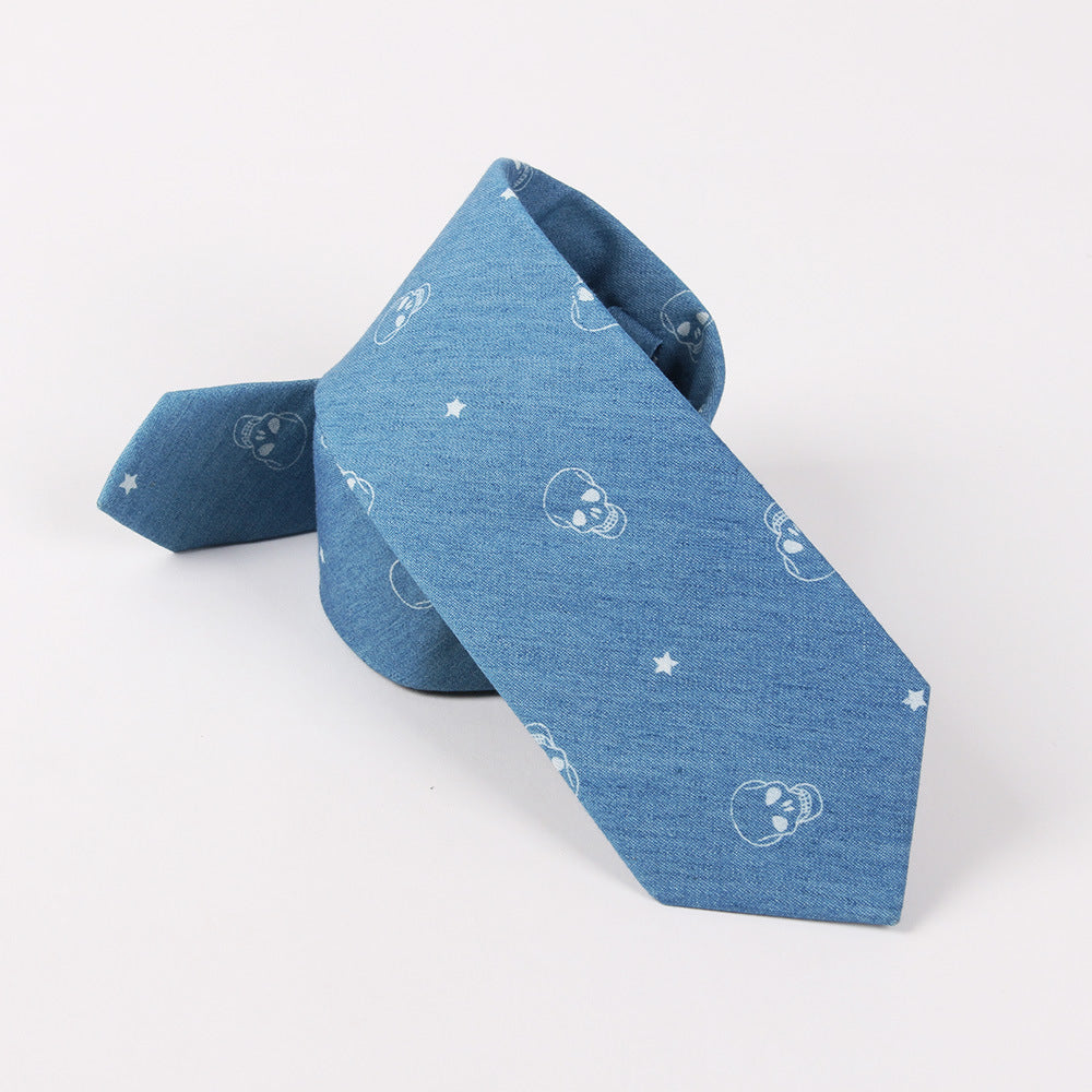Cotton Tie with Denim Skull Anchor Print