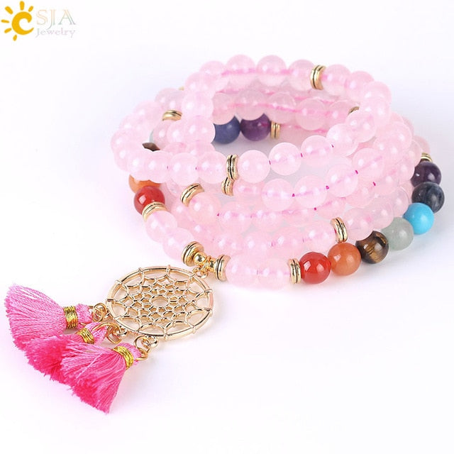 CSJA 108 Mala Beads Dreamcatcher Bracelet with Tassel Charm