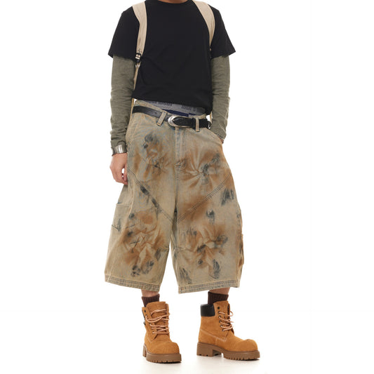 Retro Dirty Dyed Denim Wide Leg Seven Quarter Shorts