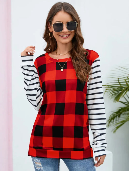 Harajuku Style Plaid Striped Round Neck Long Sleeve T-Shirt