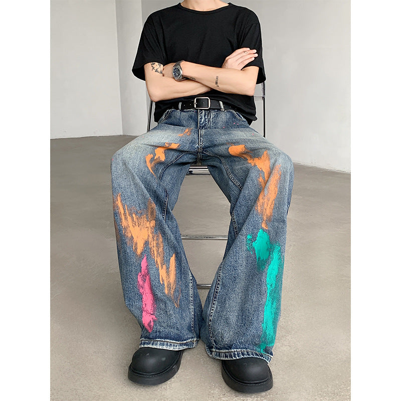 Painted Denim Wide Leg Pants for Men