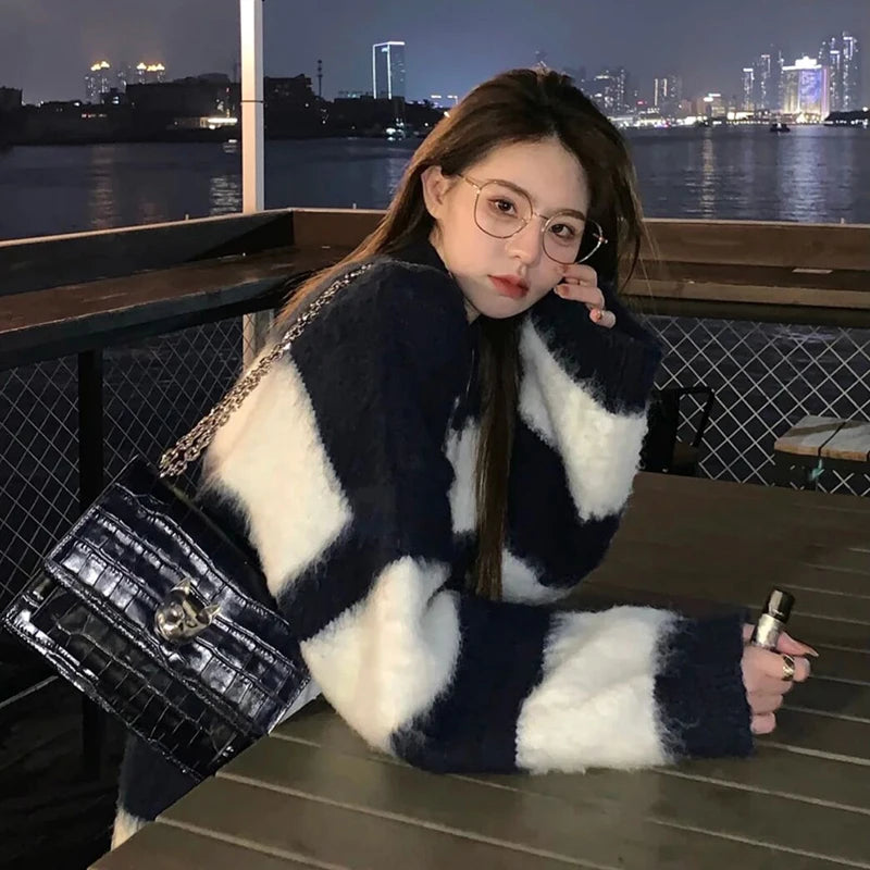 Women's Mohair Sweater - Fashion Striped Egirl Knit Top - Sexy Pullover - Harajuku Oversized Knit Sweater - Emo Nightclub Streetwear