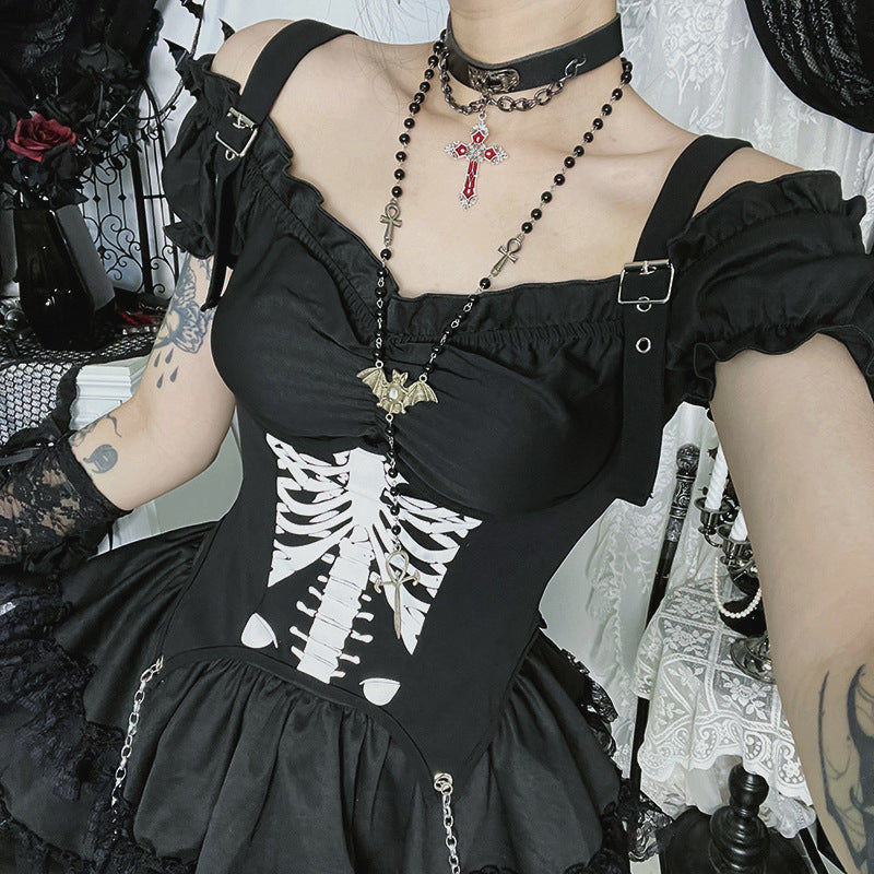 Bone Print Shoulder Strap Dark Little Devil Top
