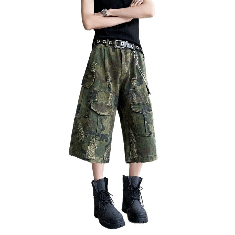 Washed Pocket Workwear Camouflage Seven Quarter Casual Shorts
