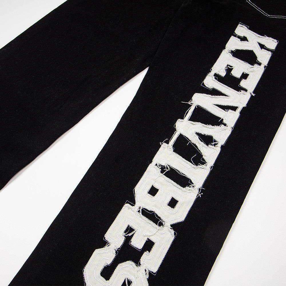 Embroidered Letters Original Color Denim Straight Leg Pants — Harajuku Street Style