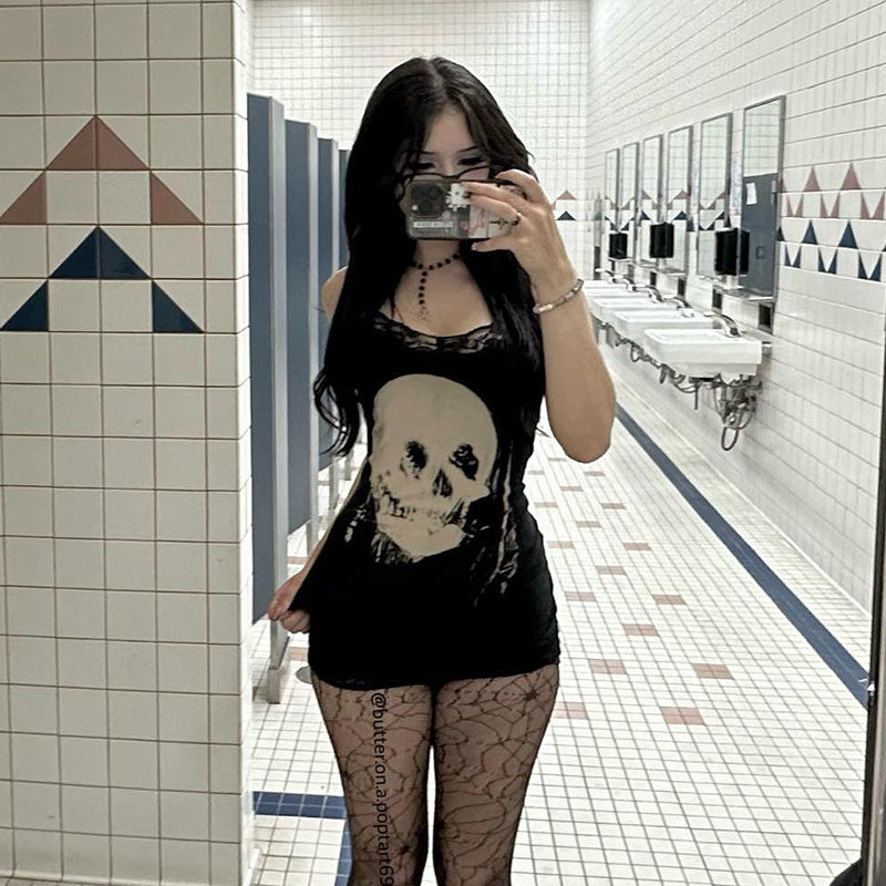 Gothic Dark Skeleton Printed Strap Skirt