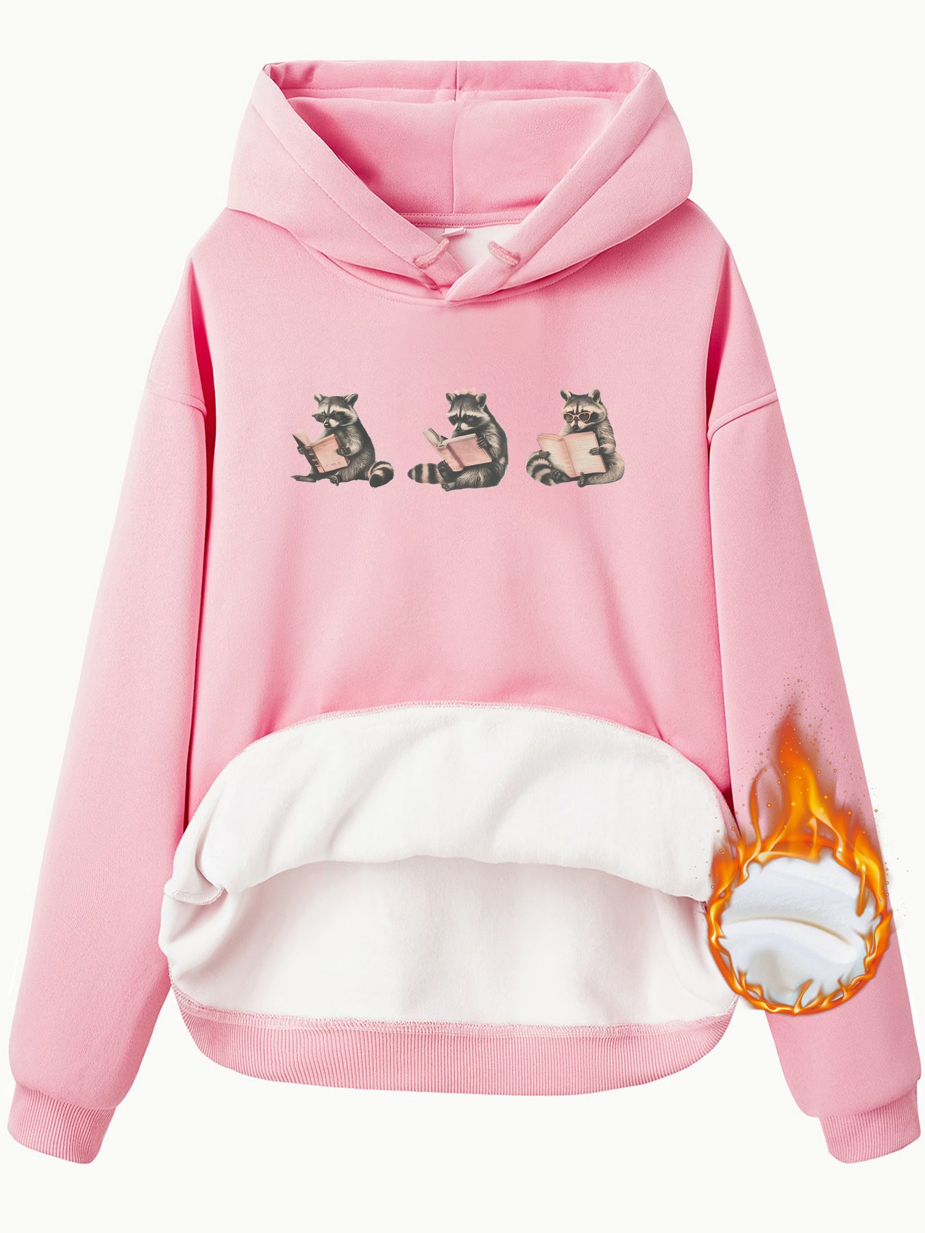 Hooded Long Sleeve Fleece Hoodie with Kangaroo Pocket and Raccoon Print