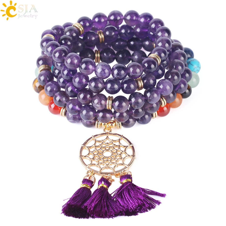 CSJA 108 Mala Beads Dreamcatcher Bracelet with Tassel Charm