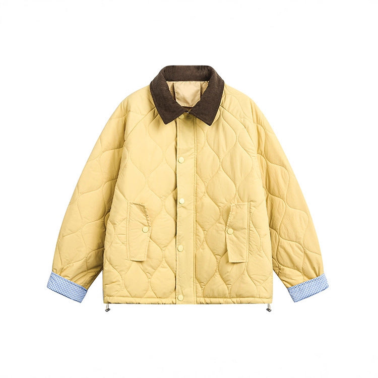 Flip Collar Diamond Grid Winter Thick Warm Short Jacket