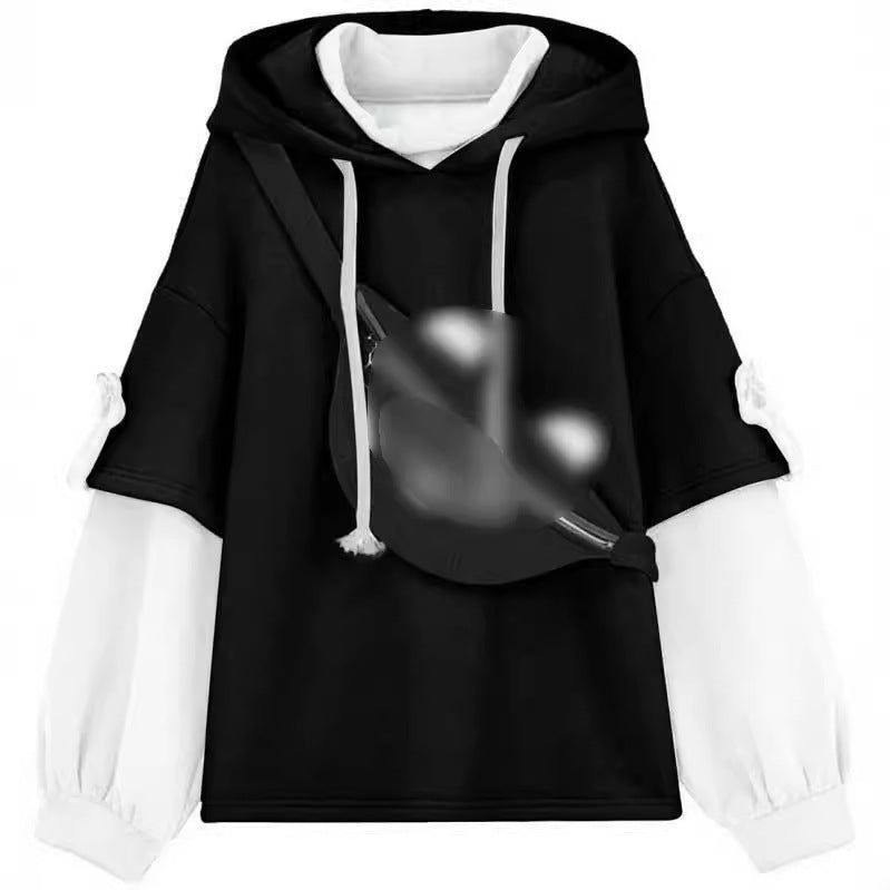Cute Cartoon Hooded Sweatshirt for Couples with Patchwork Design