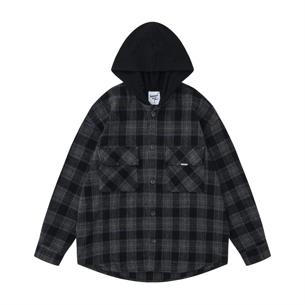 Retro Loose Plaid Hooded Shirt for Men - Harajuku Style