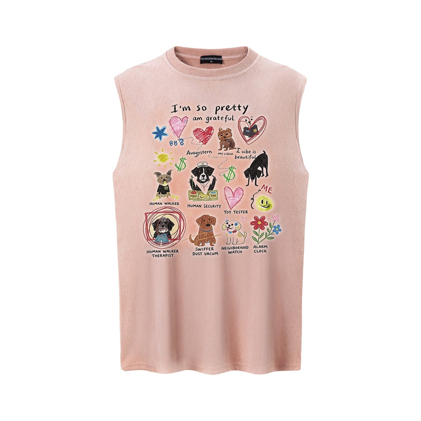 Graffiti Dog Print Vest — Harajuku Style Loose Cotton Blend Vest (Dark Gray, Pink, Apricot, Black)