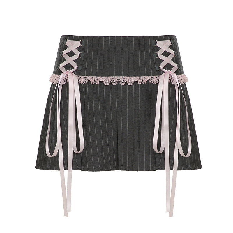 Lace-Up Striped Bow Lace Spliced Pleated Skirt